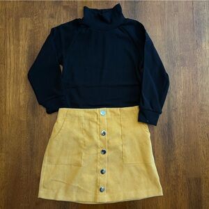 Corduroy Skirt Toddler Girl Outfit | Size 100 | Yellow Skirt + Black Turtleneck